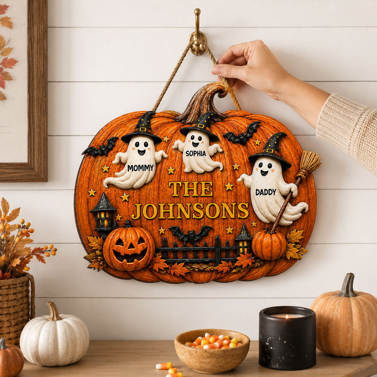 Halloween Family Ghost Pumpkin - Personalized Wood Sign - Halloween Decor Gift, Gift For Family