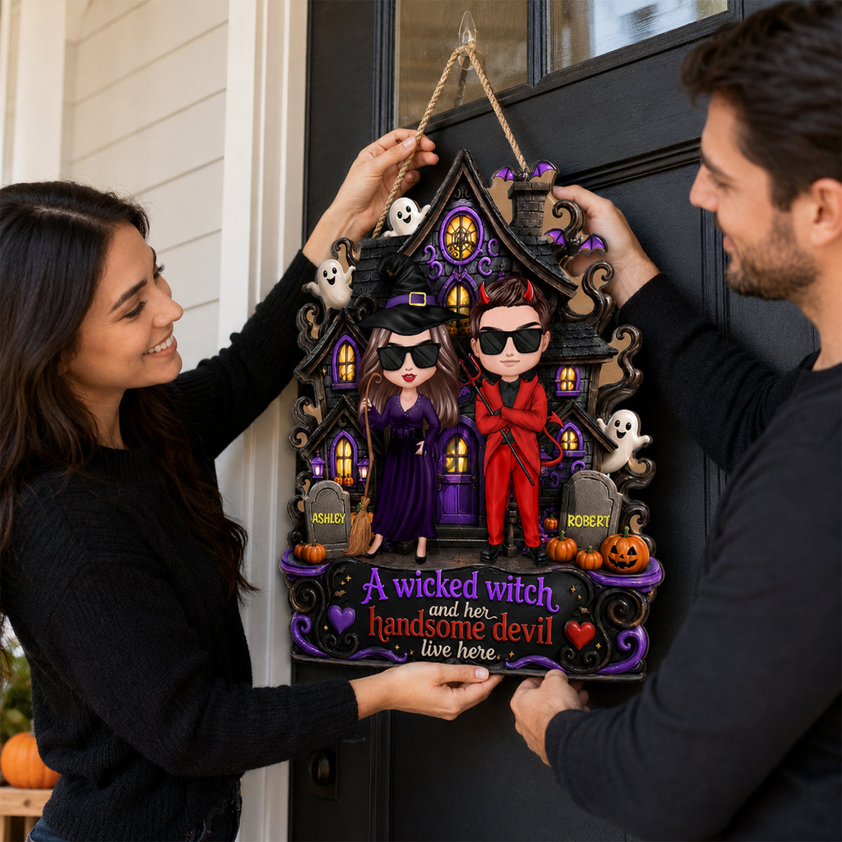 Halloween A Wicked Witch and Her Handsome Devil Live Here - Personalized Door Sign - Summerween Decor for Couples