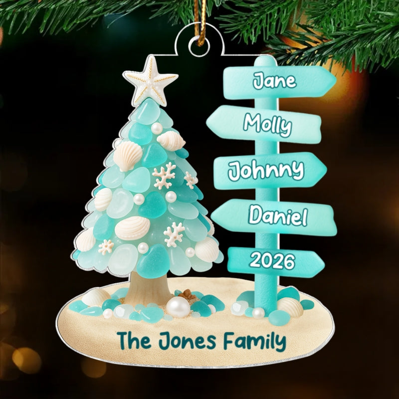 Family Direction Sign Post Sea Glass Pattern - Personalized Acrylic ornament - Christmas Gift for Family, for Her, for Him