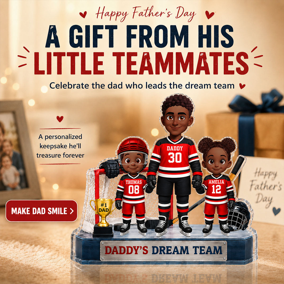 Daddy's Dream Team Hockey Dad & Kids - Personalized Acrylic Block Plaque -  Gift For Dad, Husband
