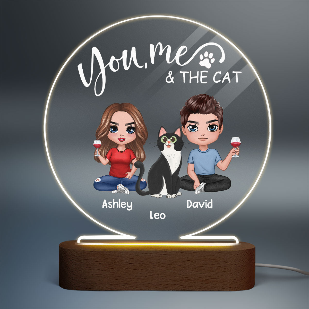 Doll Couple Sitting With Cats You Me And The Cats Personalized Circle Acrylic Plaque LED Lamp Night Light