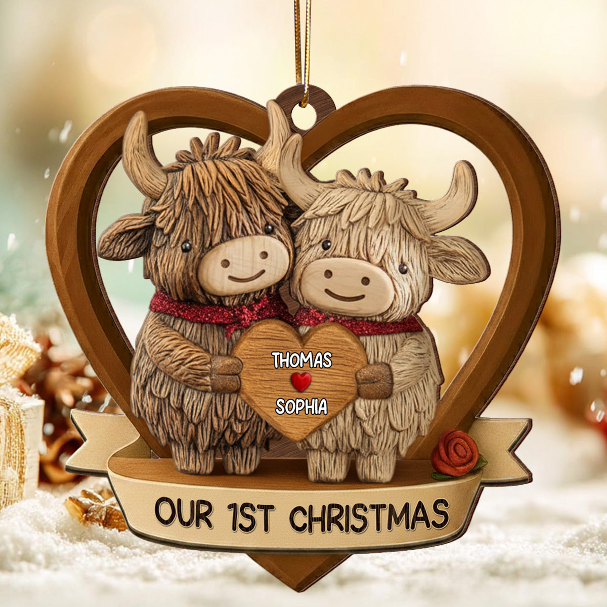 3D Effect Highland Cows Couple - Personalized Wooden Ornament - Gift For Him, Gift For Her