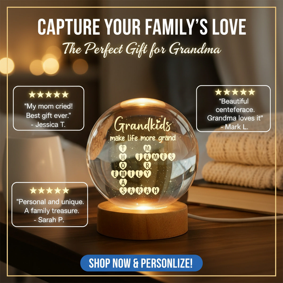 Grandkids Make Life Grand Crossword Puzzle Art - Personalized Crystal Ball Night Light