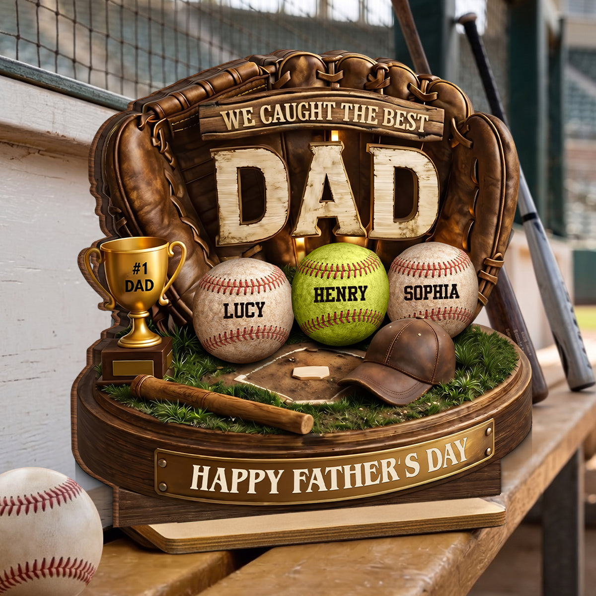 We Caught the Best Baseball Dad - Personalized 2-Layered Wooden Plaque -  Gift for Dad, Husband