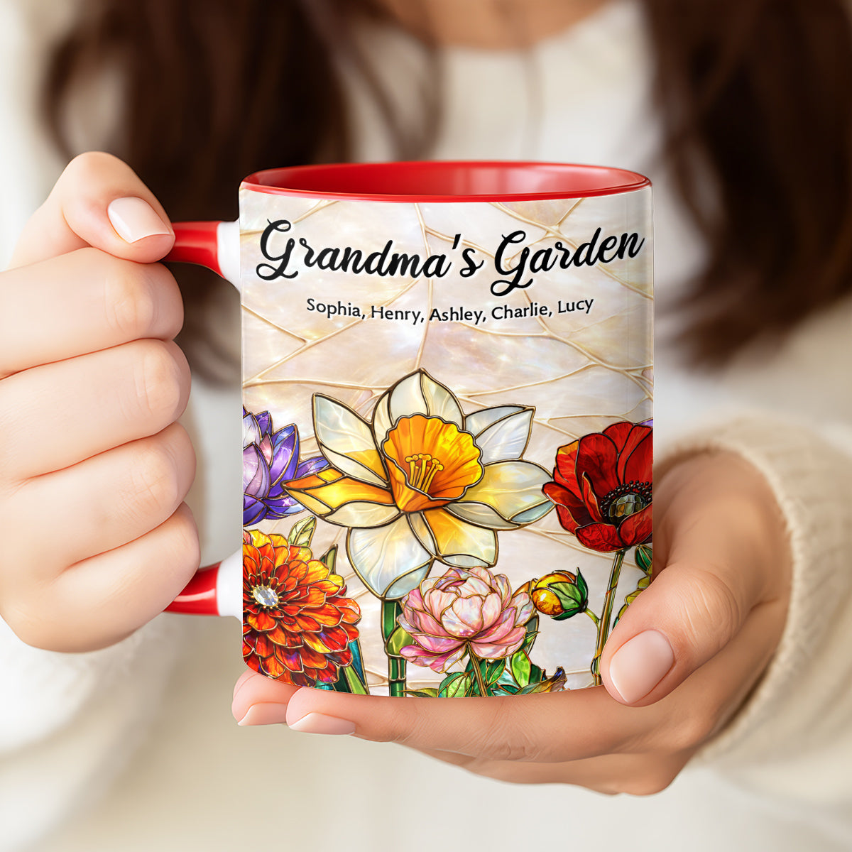 Grandma Mom's Garden Faux 3D Stained Glass Effect - Personalized Mug - Heartfelt Mother's Day Gift for Mom, Grandma, Wife