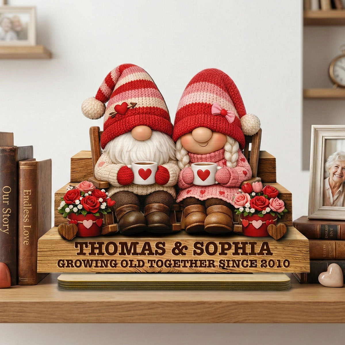 Everlasting Love Valentine Gnome Couple - Personalized 2-Layered Wooden Plaque - Valentine's Day Gift For Couple