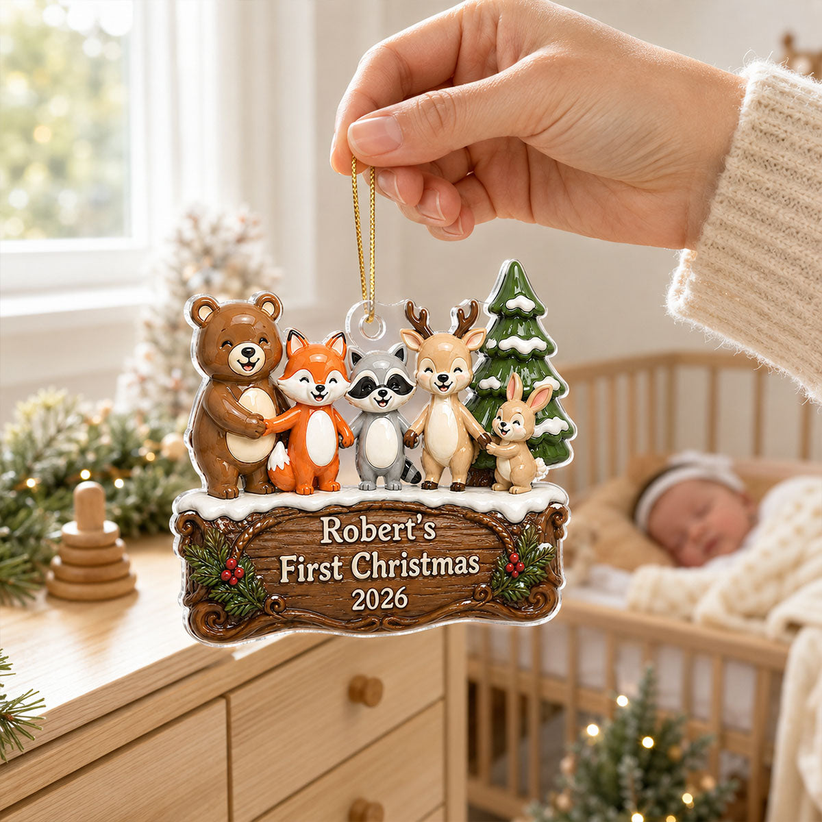 Happy Forever Woodland Animal Baby First Christmas - Personalized Acrylic Ornament - Gift for Newborn, New Parents Keepsake