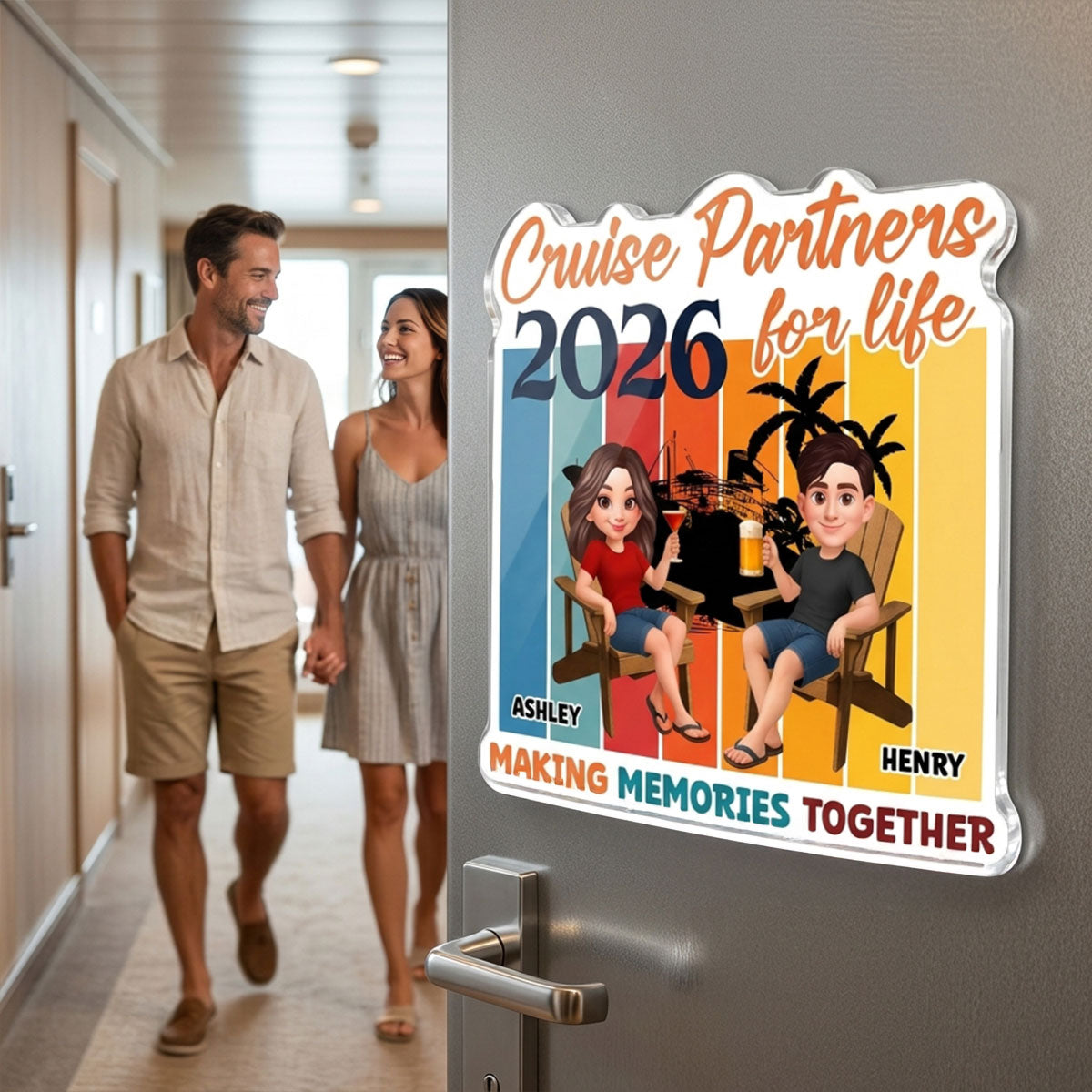 Couple Retro Cruise Partners For Life - Personalized Cruise Ship Door Magnet - Summer Cruise Ship Door Decorations