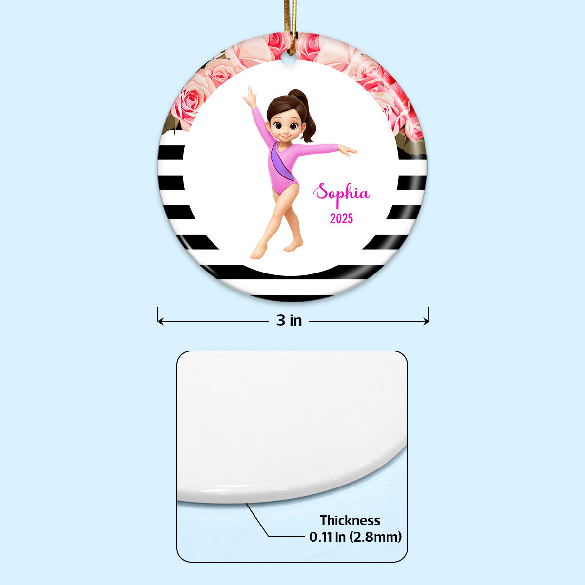 Floral Frame Gymnastic Girl - Personalized Ceramic Ornament - Gymnast Gift For Daughter, Granddaughter