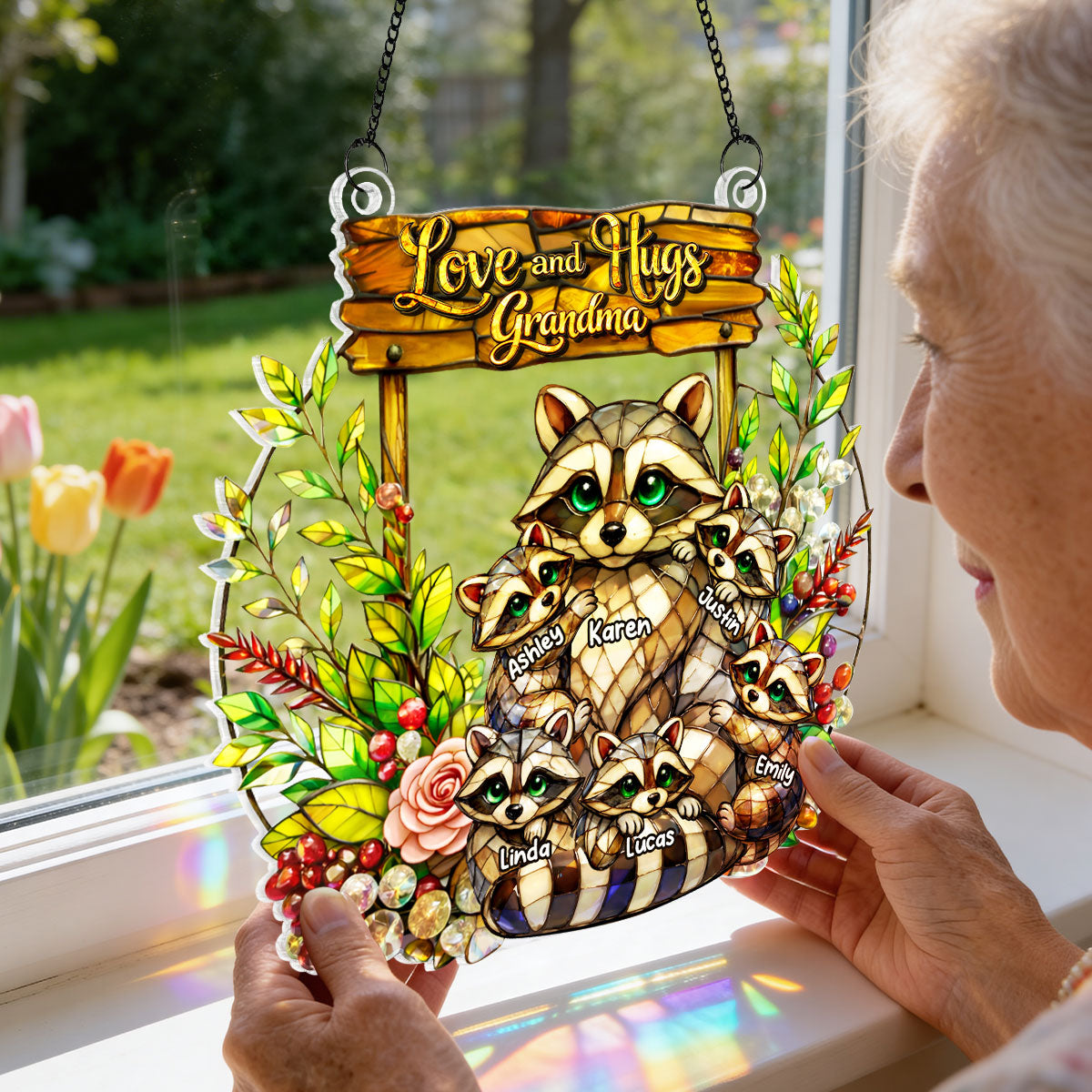Raccoon Mom And Kids - Personalized Suncatcher - Gift For Mom, Grandma