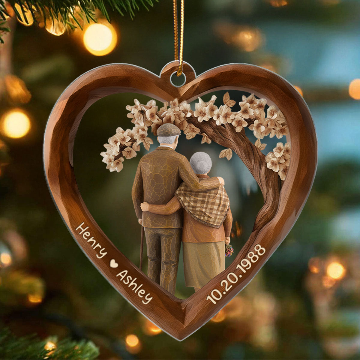 Old Couple Walking Together 3D Wooden Effect - Personalized Acrylic Ornament - Christmas Gift for Couples