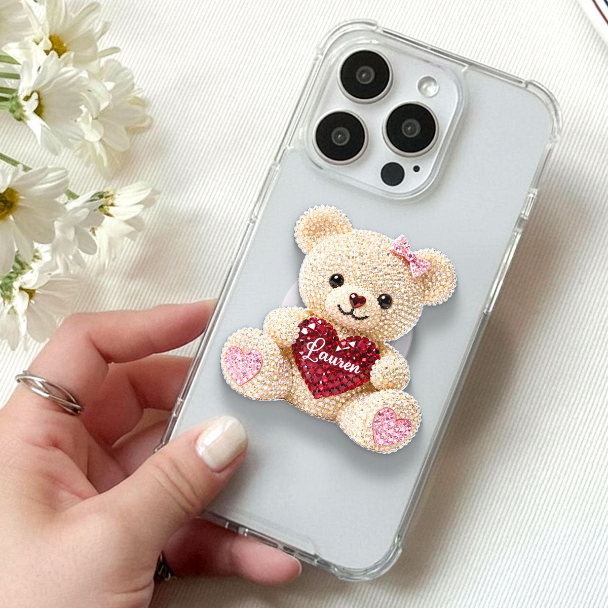 3D Effect Teddy Bear Valentine - Personalized Acrylic Magnetic Phone Grip - Anniversary, Valentine's Day Gift, Gift For Her
