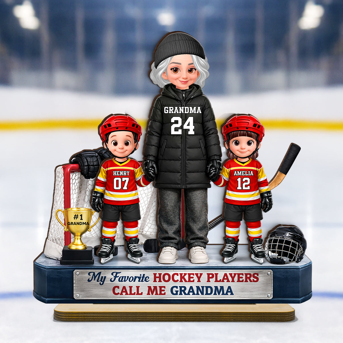 Grandma Hockey And Kids Together - Personalized 2-Layered Wooden Plaque - Heartfelt Gift For Grandma