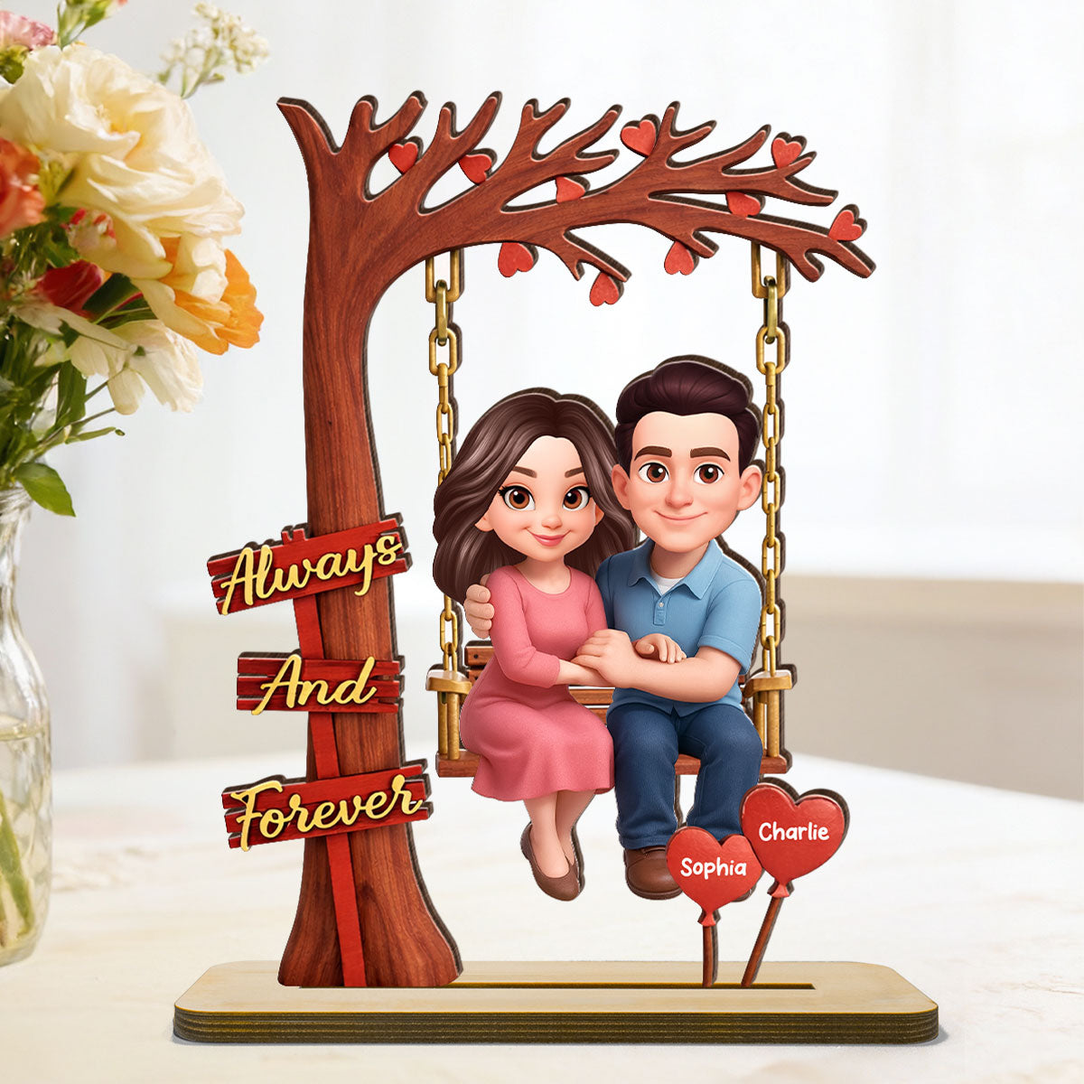 Always And Forever Couple On Swing - Personalized 2-Layered Wooden Plaque - Anniversary, Valentine's Day Gift, Gift For Him, Gift For Her