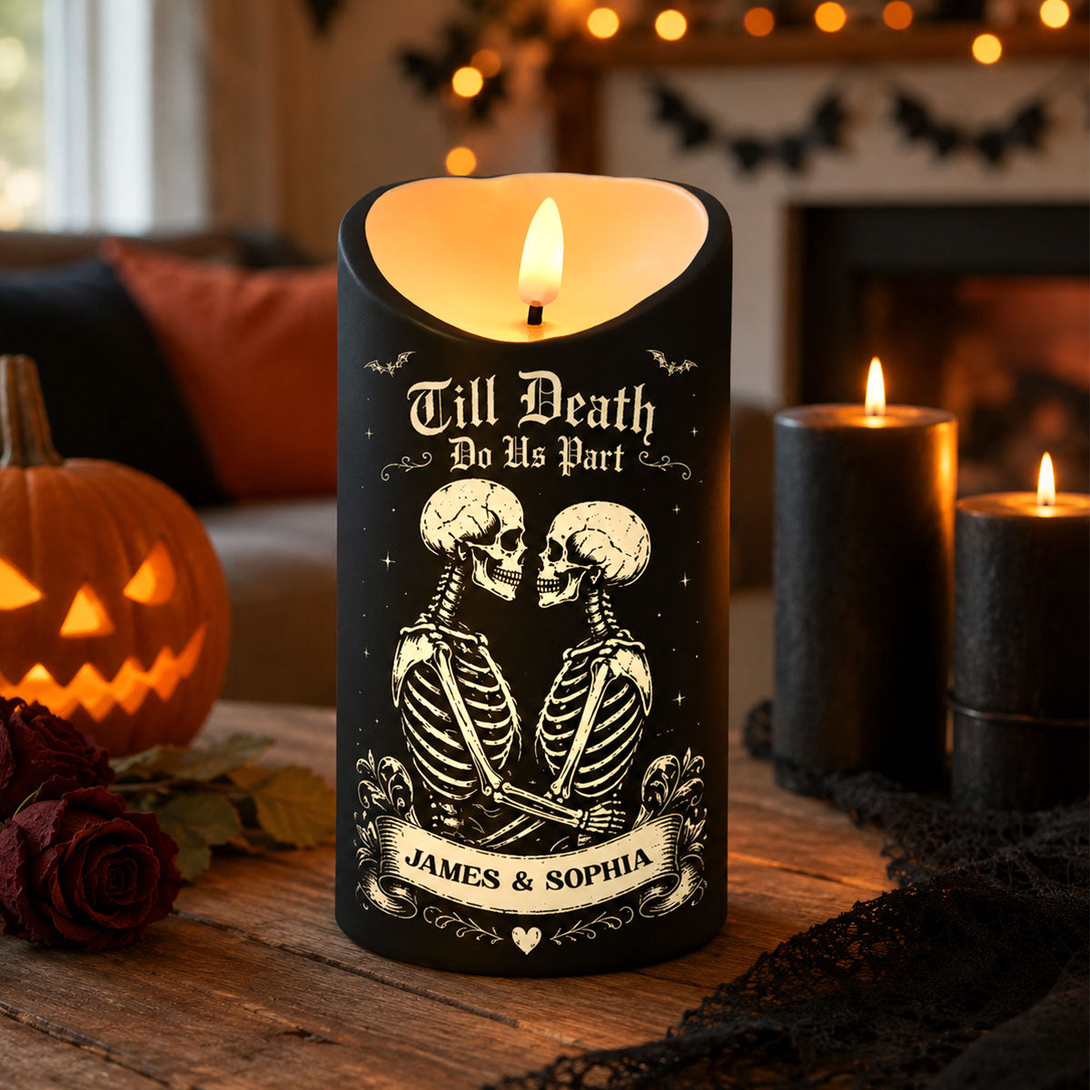 Till Death Do Us Part Skeleton Couple Black Theme - Personalized LED Candle - Halloween Decor For Couple