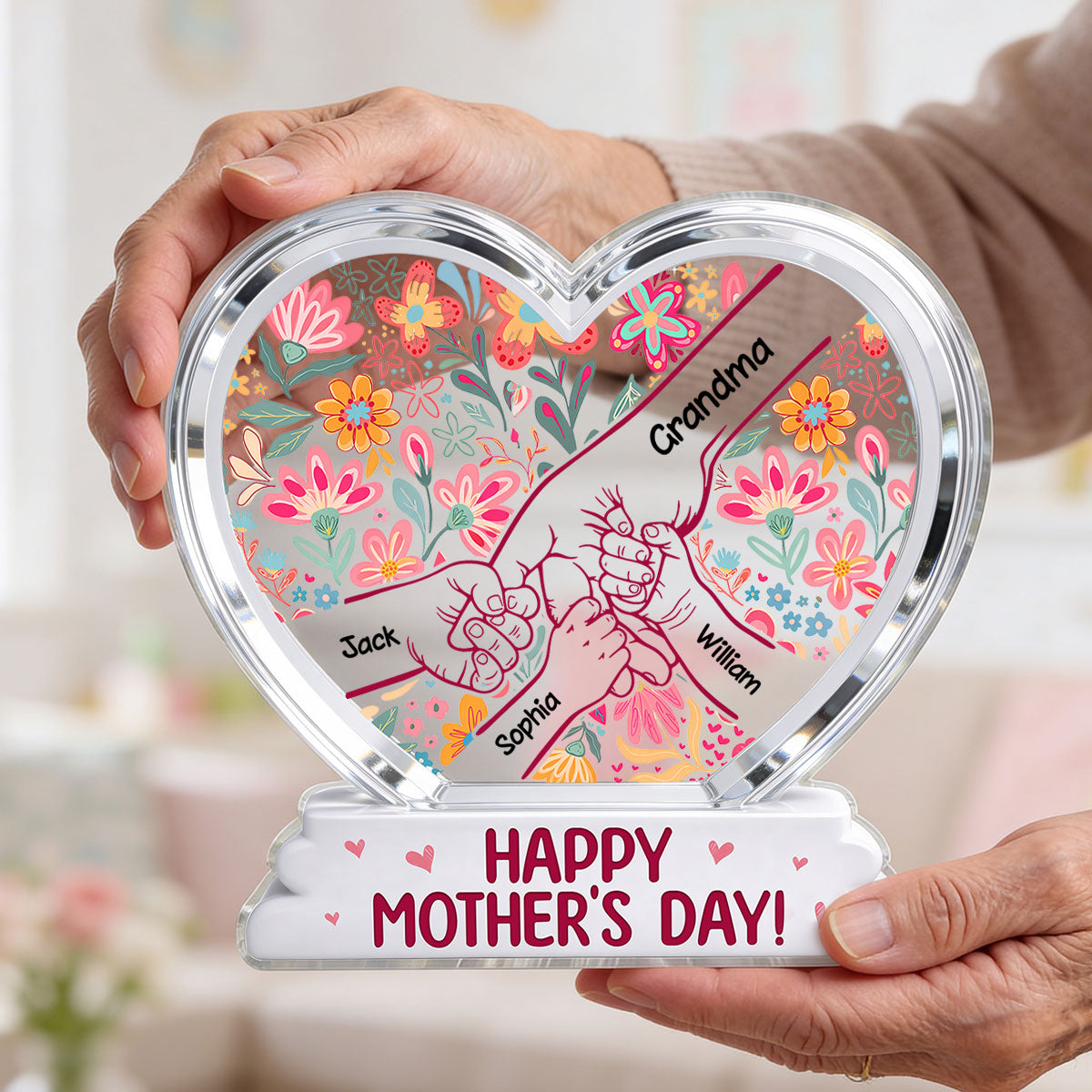 Kids Holding Hand Floral Boho 2D Flat - Personalized Acrylic Block Plaque - Mother's Day Gift For Mom Grandma