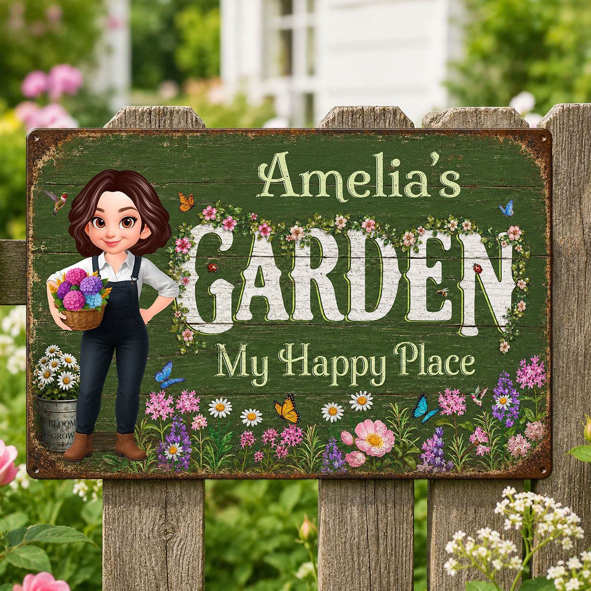 My Happy Place Flower Garden - Personalized Metal Sign - Gift for Her