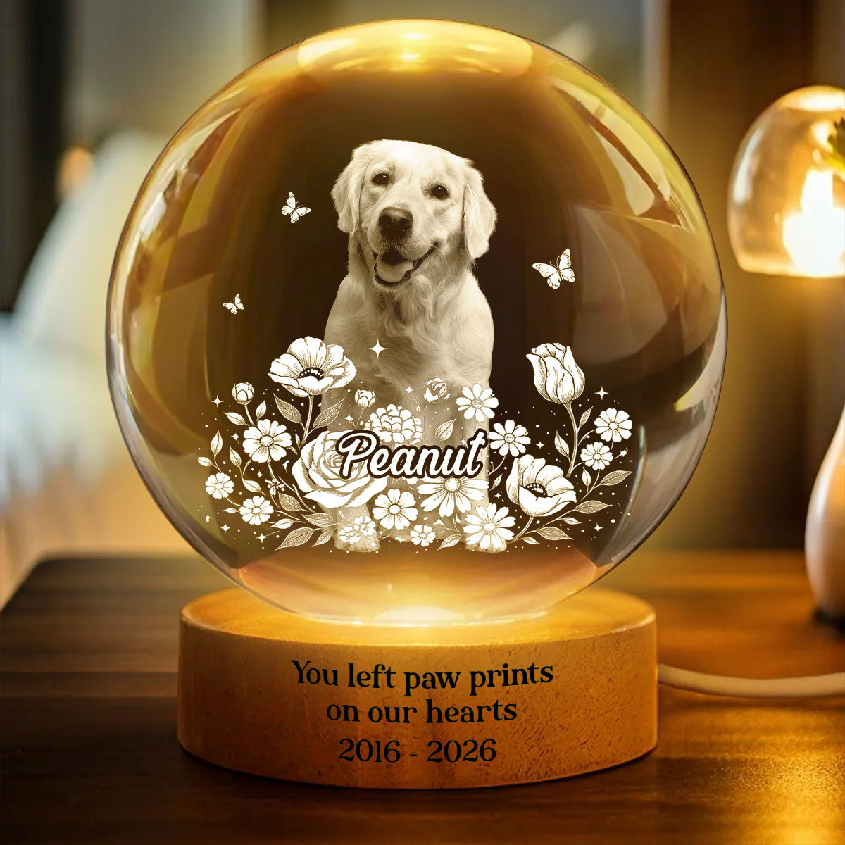 Custom Pet Portrait - Personalized Crystal Ball LED Night Light - Heartfelt Gift for Pet Lovers, Memorial Gift, Pet Remembrance