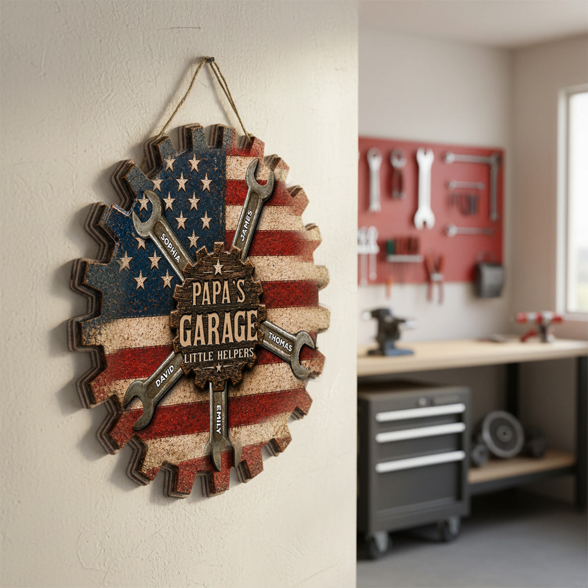 Rustic Workshop Little Helpers Nation Flag Theme 2D Flat - Personalized Wooden Garage Sign - Father's Day Gift For Patriotic Mechanic Dad, Grandpa