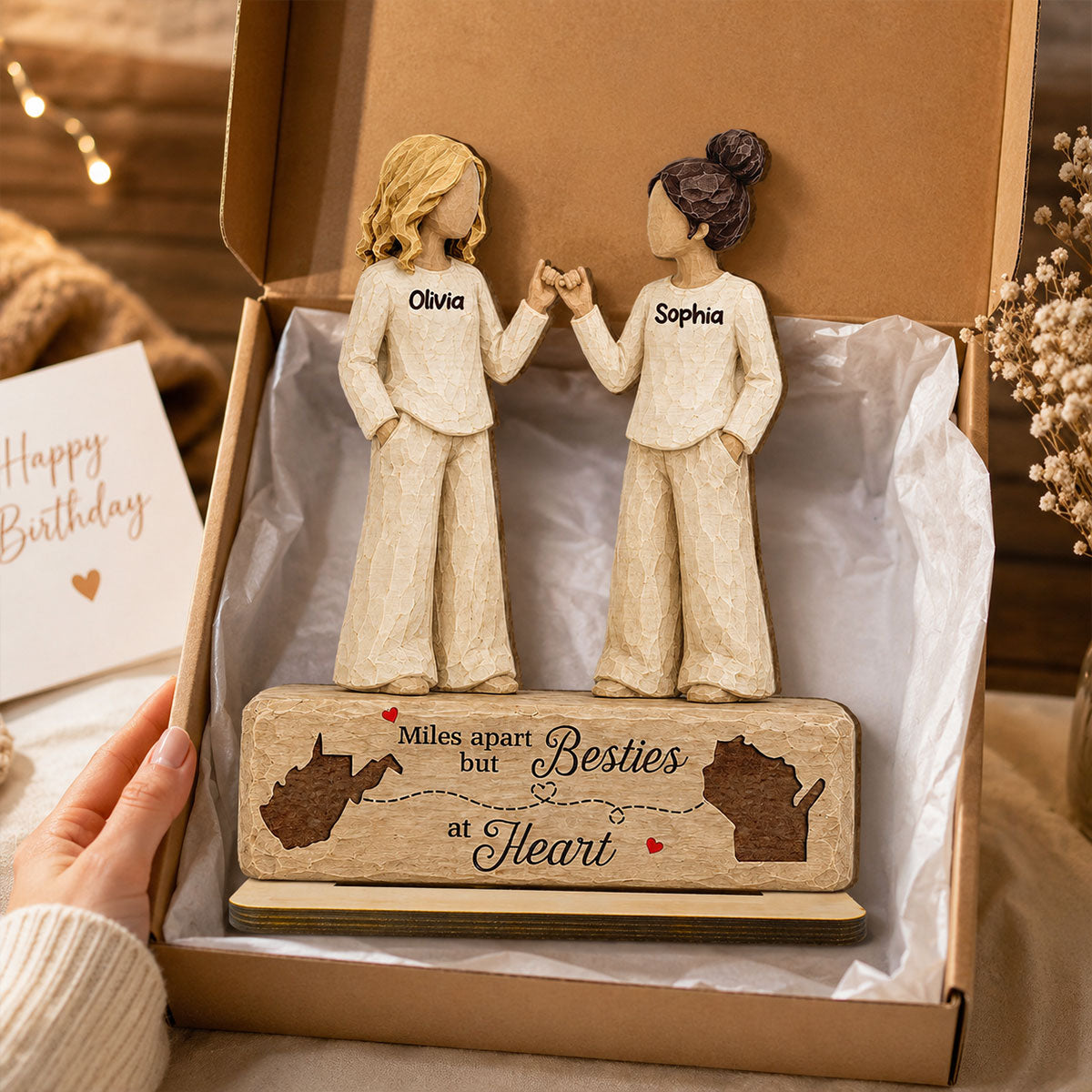 Pinky Promise Miles Apart Besties At Heart 2D Flat - Personalized 2-Layered Wooden Plaque - Birthday Gift, Long Distance Friendship Gift for Best Friends