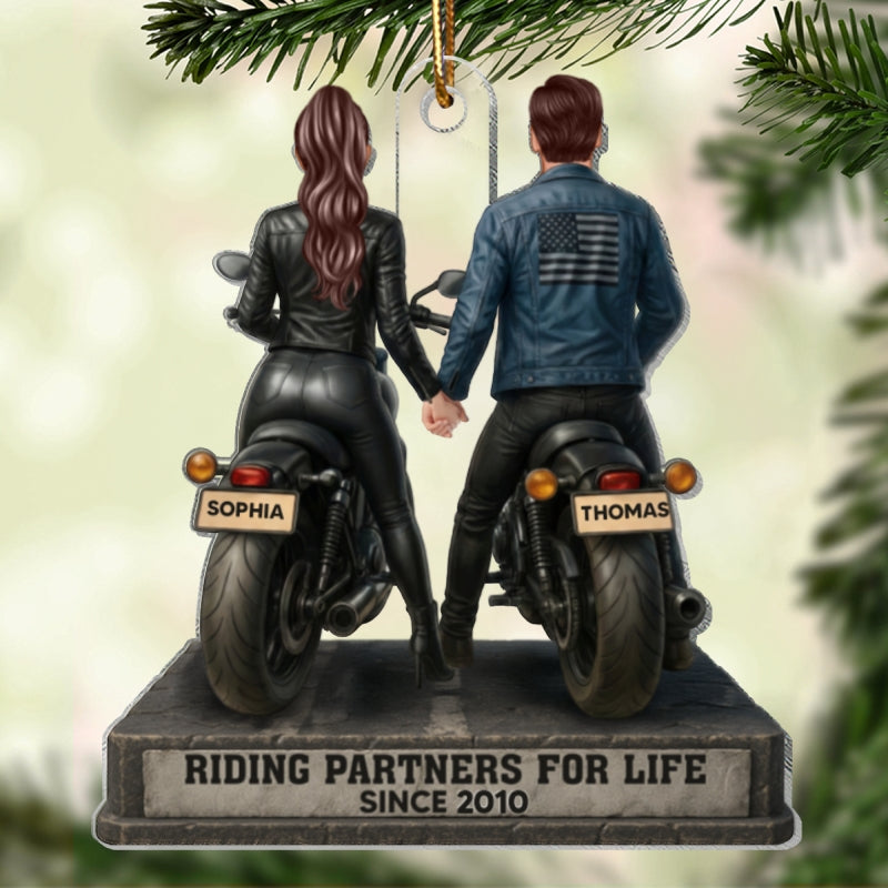 Biker Couple Riding Partners for Life - Personalized Acrylic Car Hanger - Sentimental Gift for her, for him