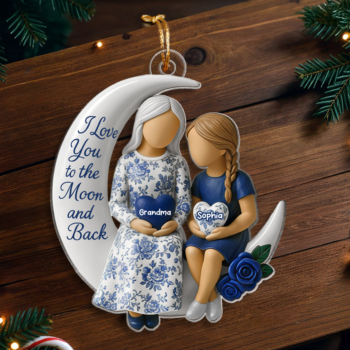 3D Effect Toile De Jouy Pattern Grandma Grandkid On Moon - Personalized Acrylic Ornament - Gift For Granddaughter