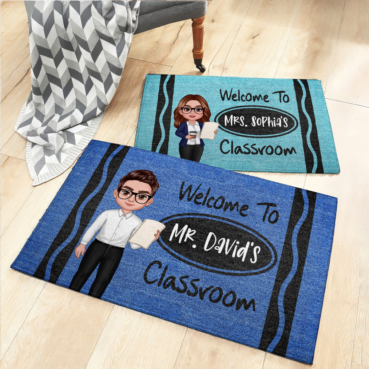 Male Female Teacher Crayon Pattern Welcome To Classroom Personalized Doormat| Back To School Gift, Classroom Decoration