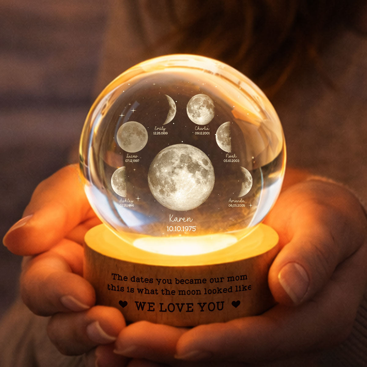 The Date You Became Our Mom - Personalized Crystal Ball LED Night Light - Custom Moon Phase by Date, Mother's Day Gift for Mom, Wife