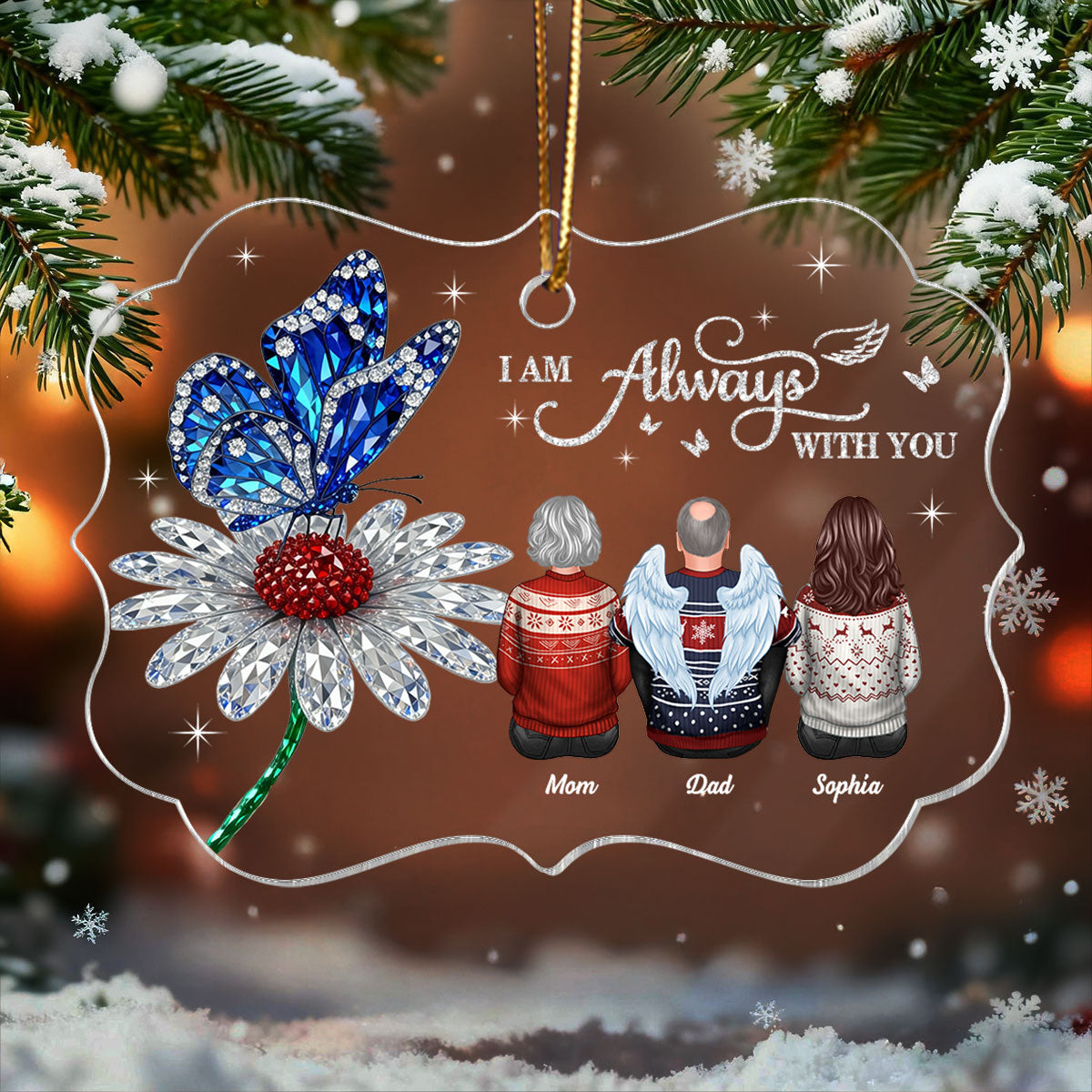 3D Crystal Effect Daisy Butterfly Always With You Family Memorial - Personalized Acrylic Ornament - Remembrance Gift, Sympathy Gift
