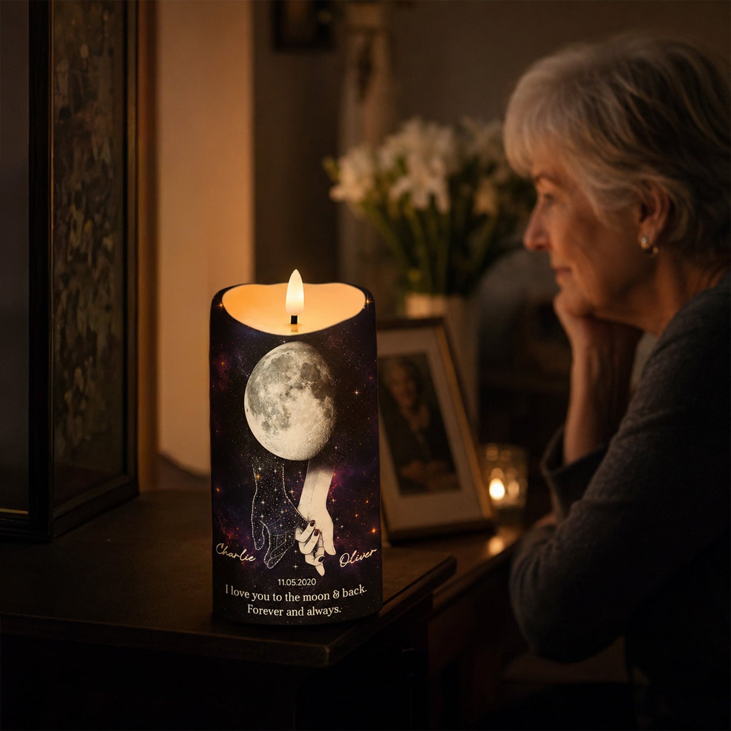 Lost Loved One Holding Hands Moon Phase - Personalized LED Candle - Memorial Gift, Remembrance Keepsake