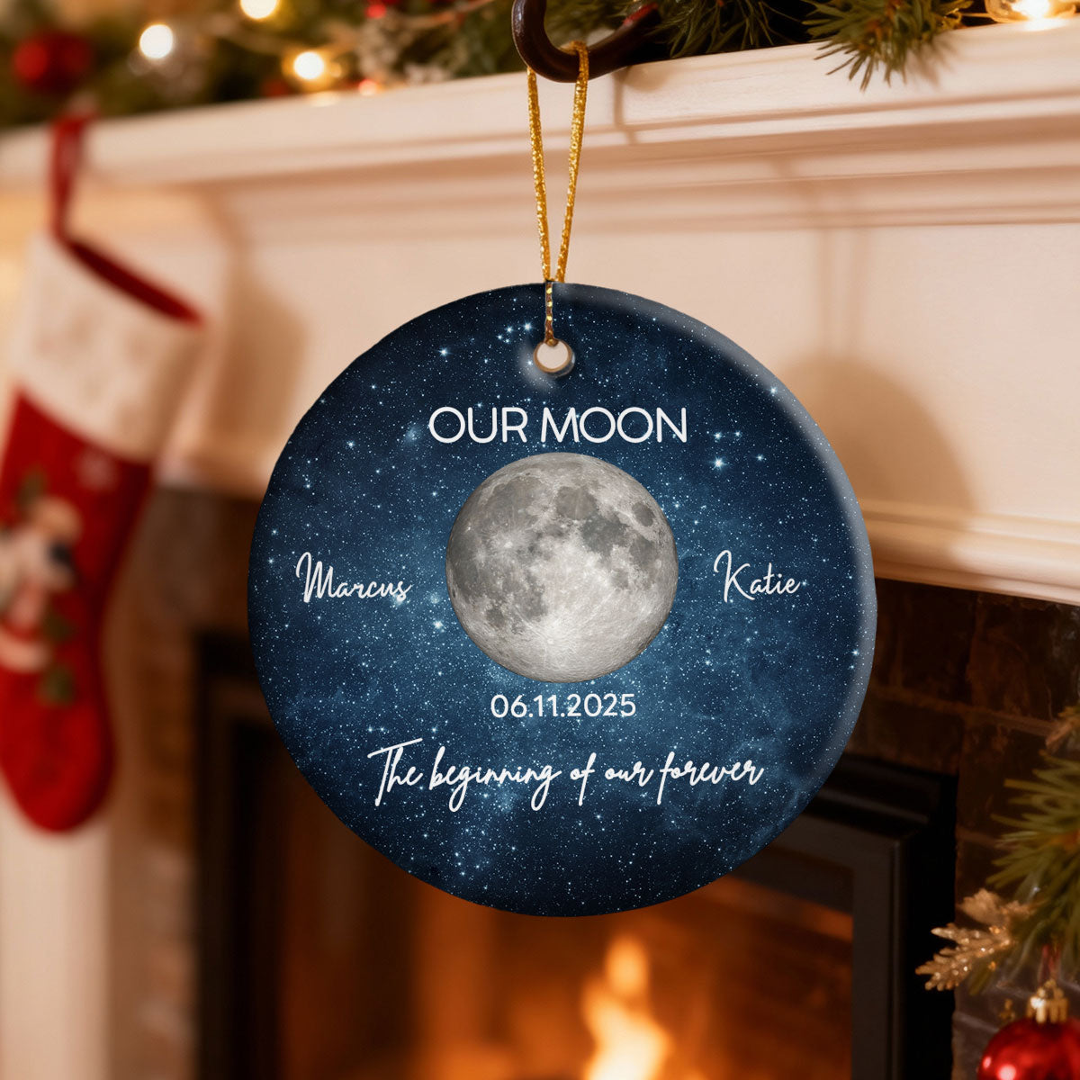 Moon Phase Couple The Beginning Of Our Forever - Personalized Ceramic Ornament - Gift For Couple