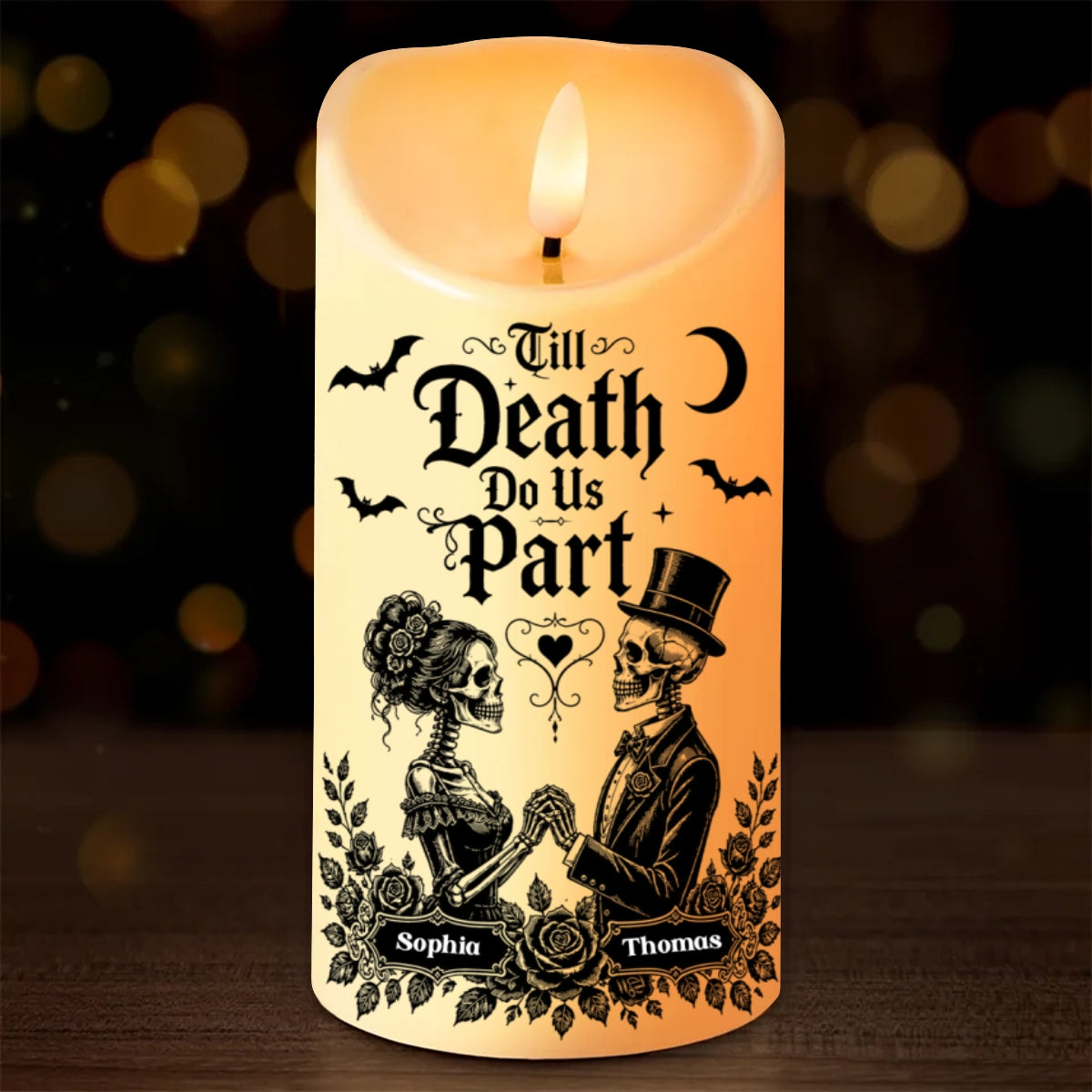 Till Death Do Us Part Skeleton Couple - Personalized LED Candle - Halloween Decor For Couple