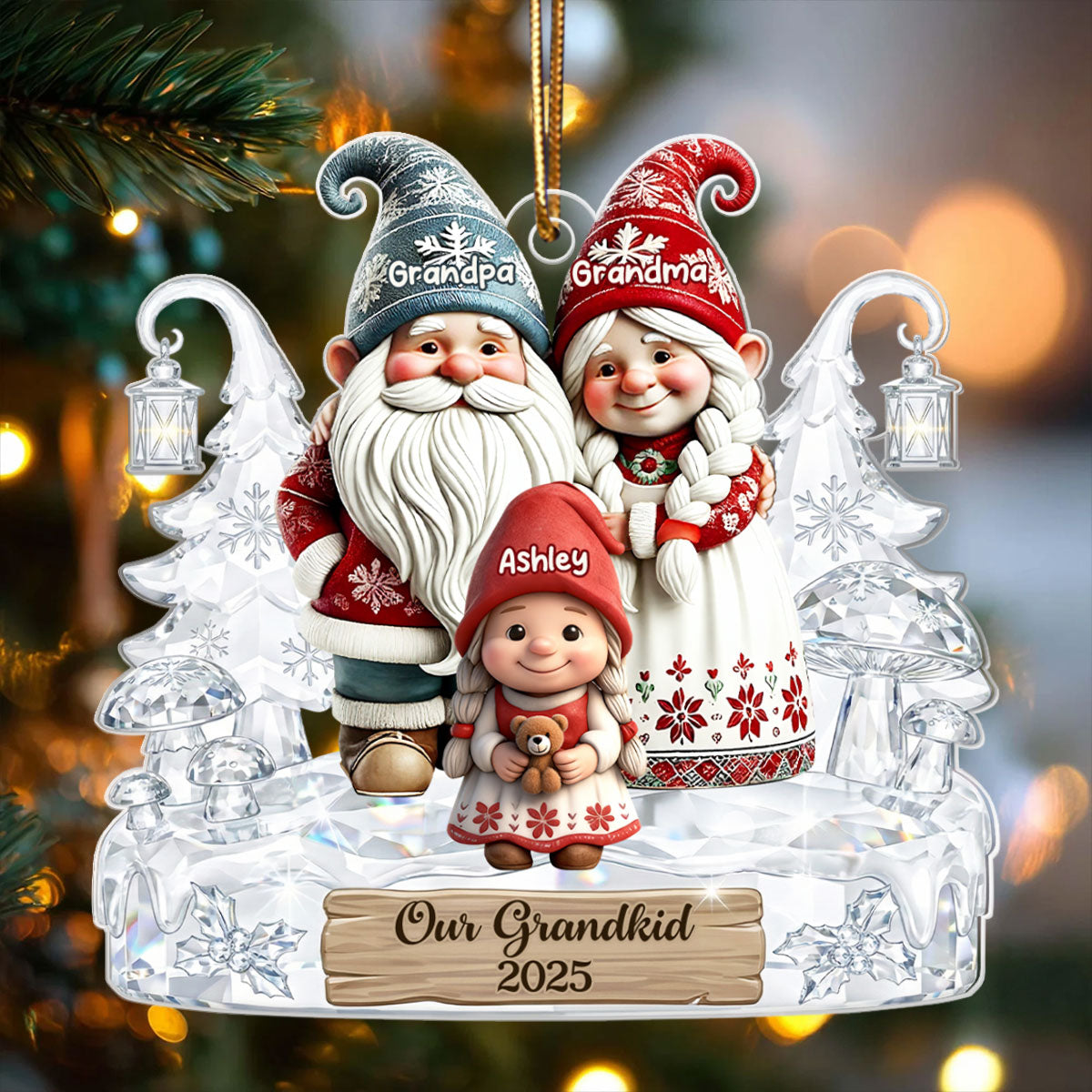 Grandpa Grandma And Grandkids Gnome Crystal Pattern - Personalized Acrylic Ornament - Heartwarming Christmas Gift For Grandma, Grandpa, Family