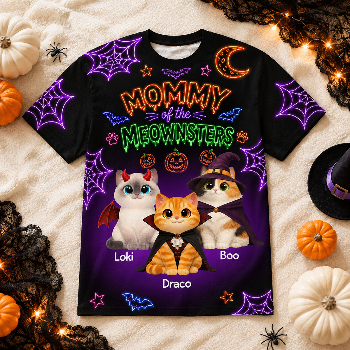 Neon Theme Mommy Daddy Of The Meownsters Cats - Personalized Shirt - Halloween Gift For Cat Lovers