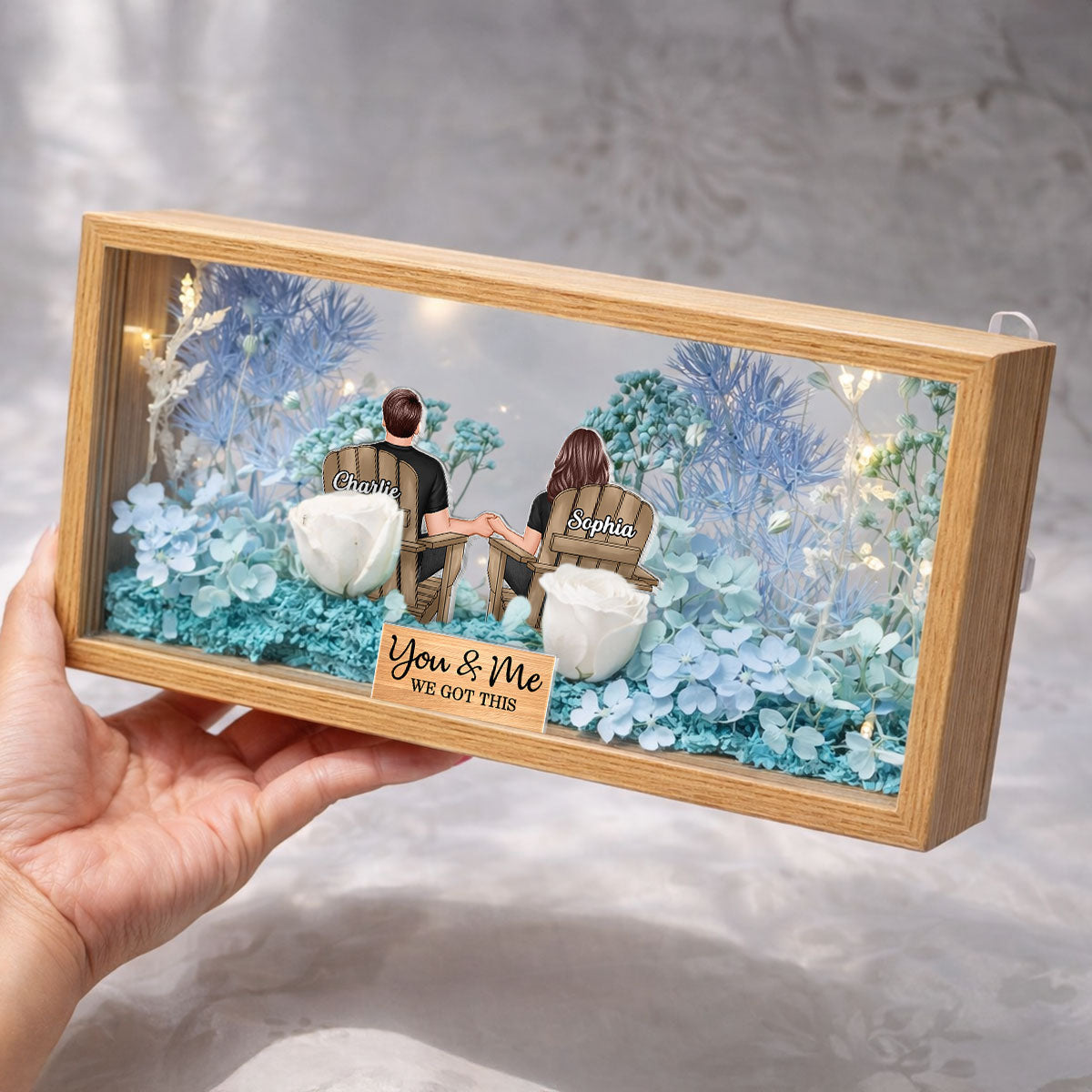 Eternal Love Back View Couple Sitting - Personalized DIY Flower Shadow Box LED Night Light - Gift For Couple, For Him, For Her