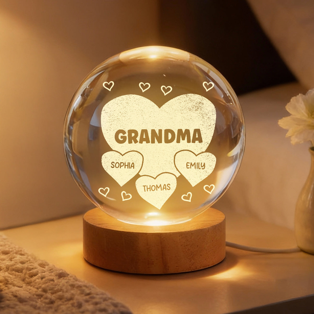 Grandma Mom Hearts Custom Kids Names - Personalized Crystal Ball LED Night Light - Gift For Grandma, Mom