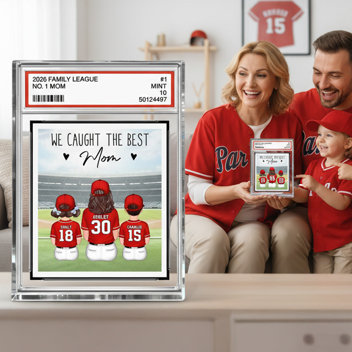 Baseball No. 1 Mom Woman & Kids Sitting Trading Card Style - Personalized Acrylic Block Plaque