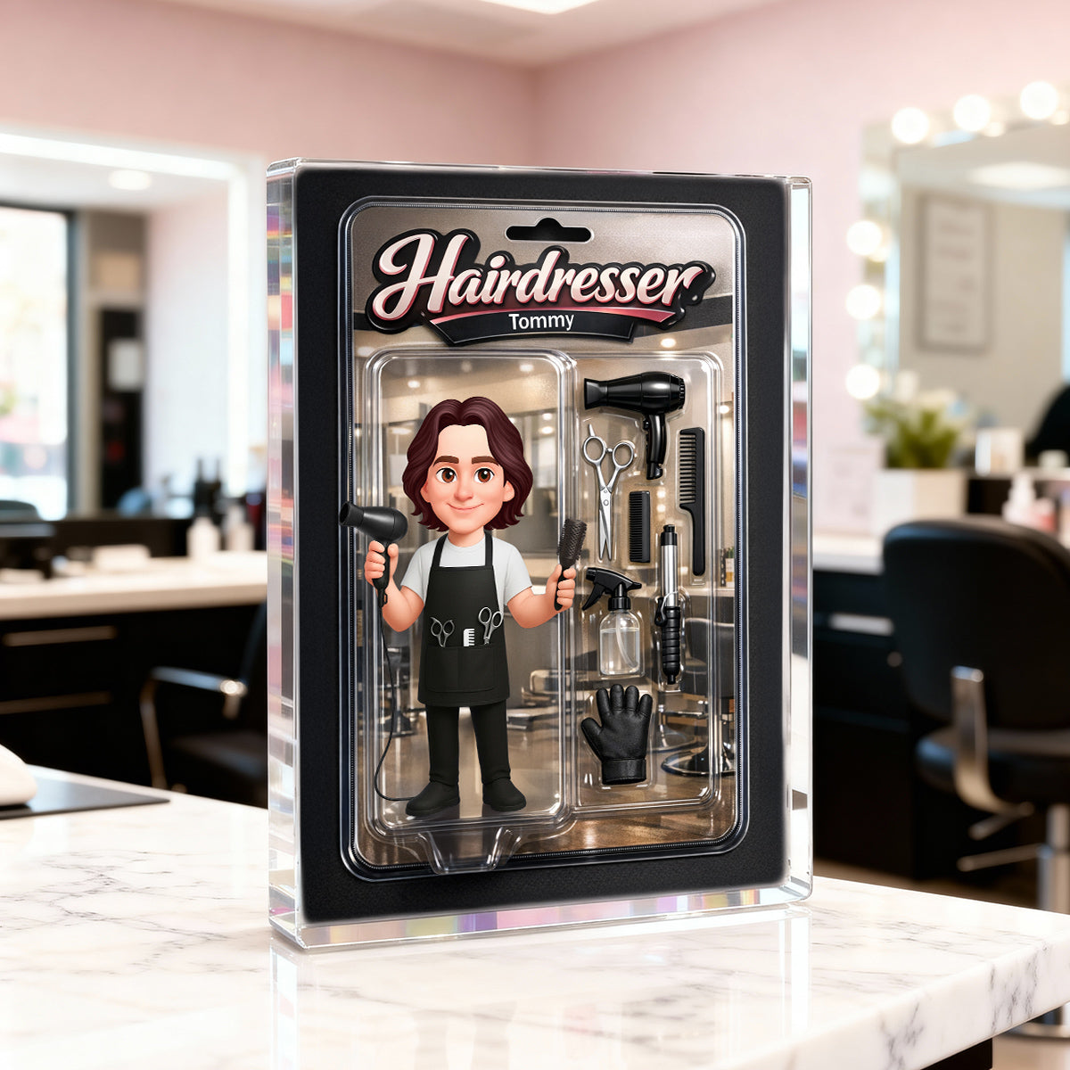 3D Effect Man Hairdresser Action Figure - Personalized Acrylic Block Plaque - Gift For Hairdressers