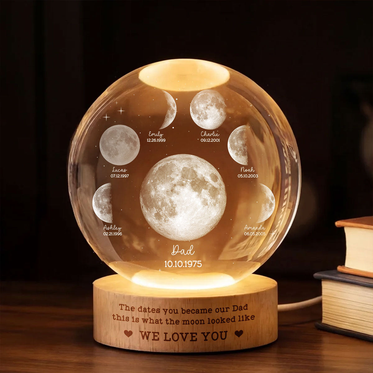 The Date You Became Our Dad - Personalized Crystal Ball LED Night Light - Custom Moon Phase by Date,  Gift for Dad, Husband