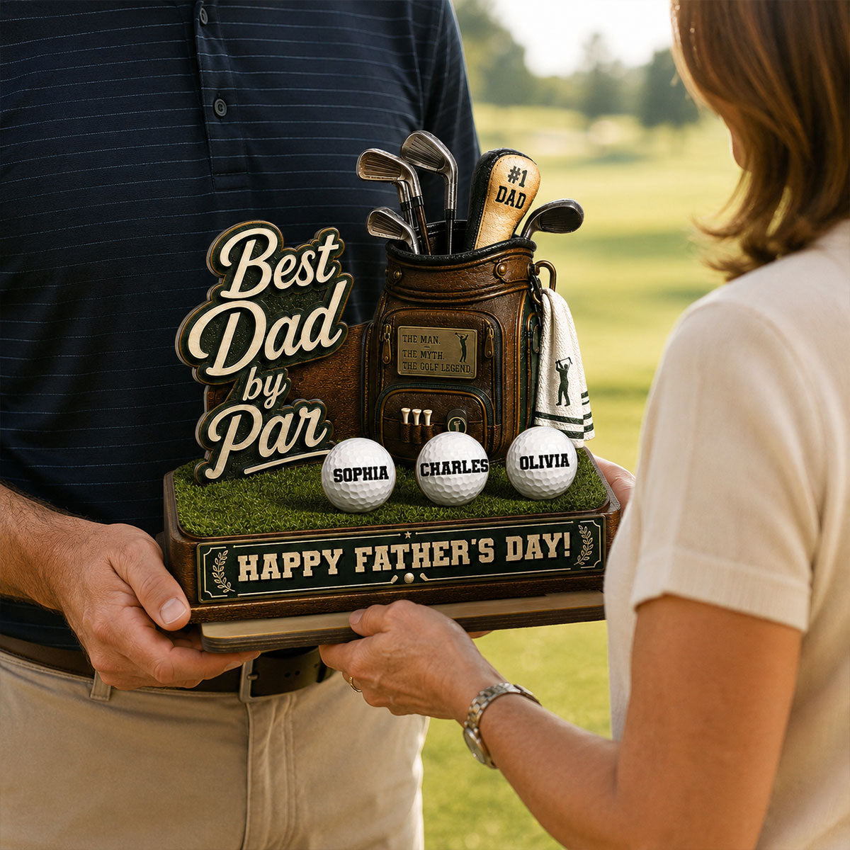 Best Dad By Par Custom Kid Name - Personalized 2-Layered Wooden Plaque -  Gift For Golf Dad