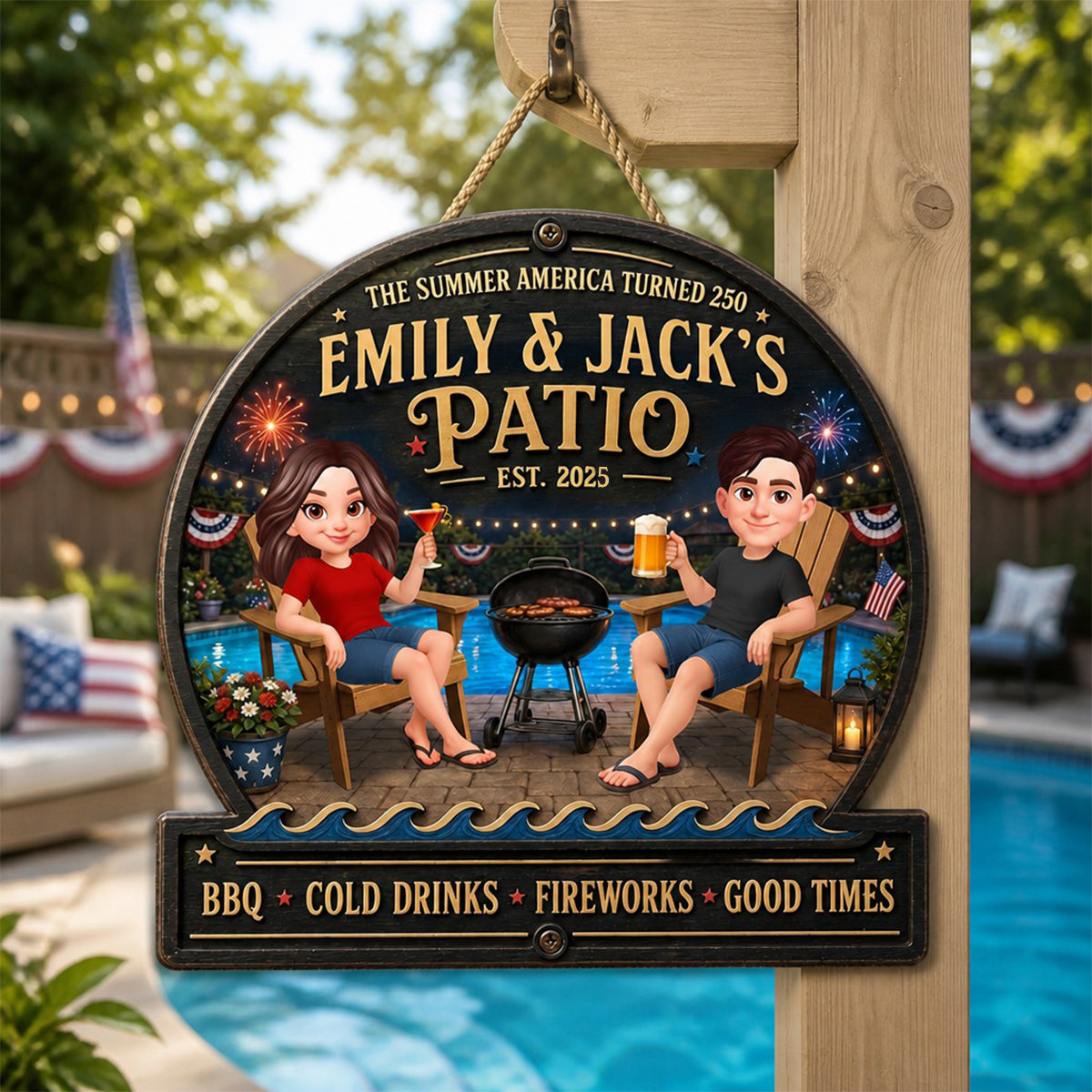 The Summer America Turns 250 Couple Pool & Patio - Personalized Wooden Sign - Summer Decor Gift for Her, for Him