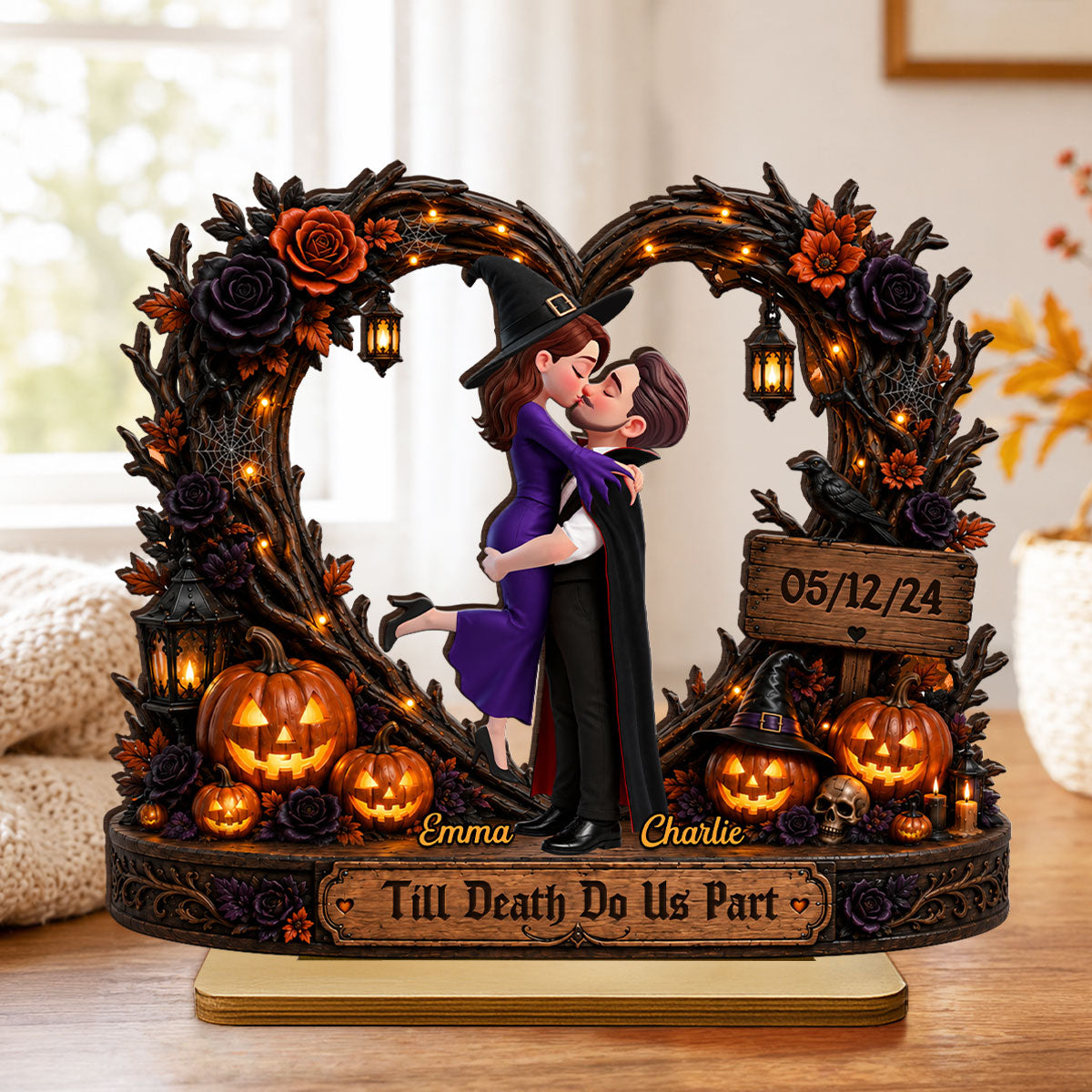 Spooky Couple Heart Till Death Do Us Part - Personalized 2-Layered Wooden Plaque - Halloween Decor Gift, Gift For Couple