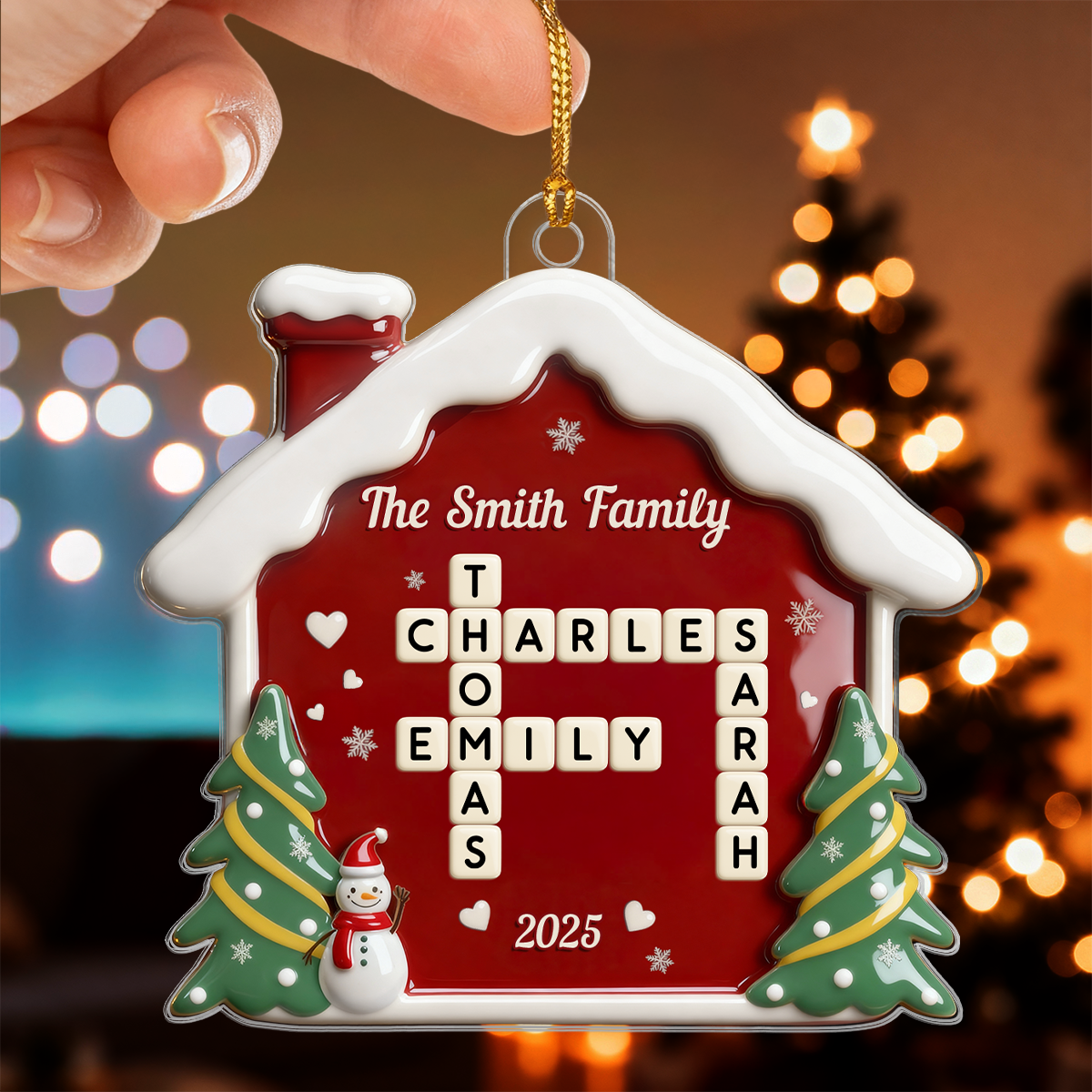 3D Effect Festive Christmas House Family Forever Linked Together Crossword Puzzle Art - Personalized Acrylic Ornament - Gift For Family