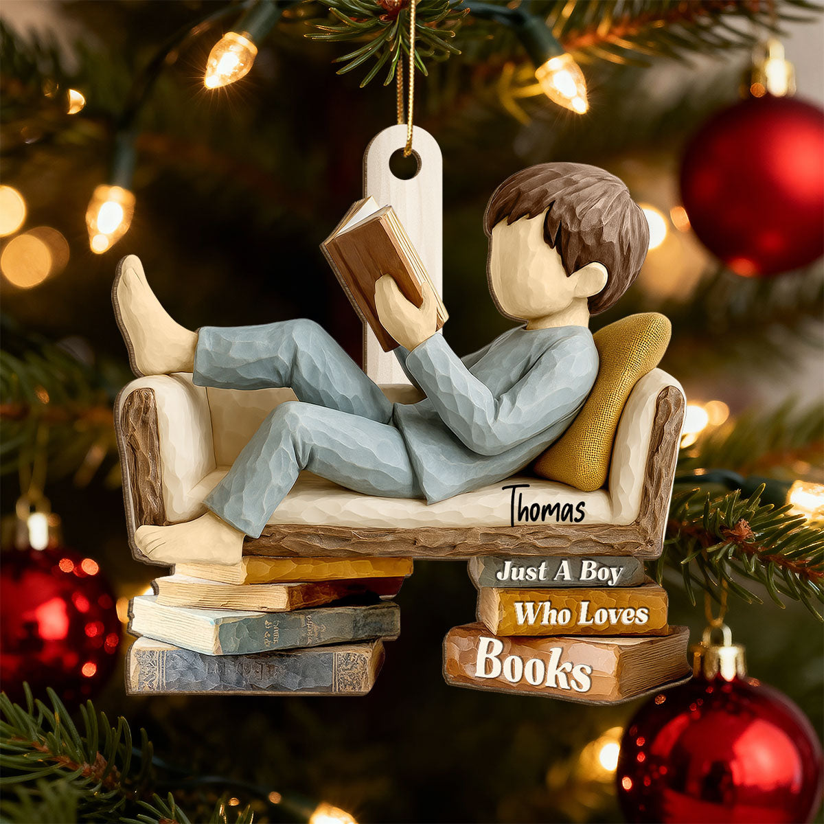 Book Lover Reading Book On Sofa 3D Effect - Personalized Wooden Ornament - Christmas Gift For Book Lover, Bookworm