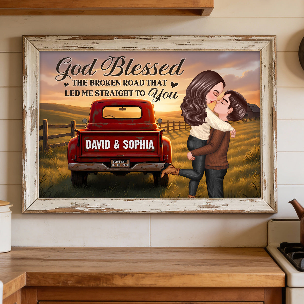 Rustic Nostalgia Red Truck Couple Hugging Kissing Farmhouse Decor - Personalized Poster - Heartfelt Valentine, Anniversary Gift For Him, For Her