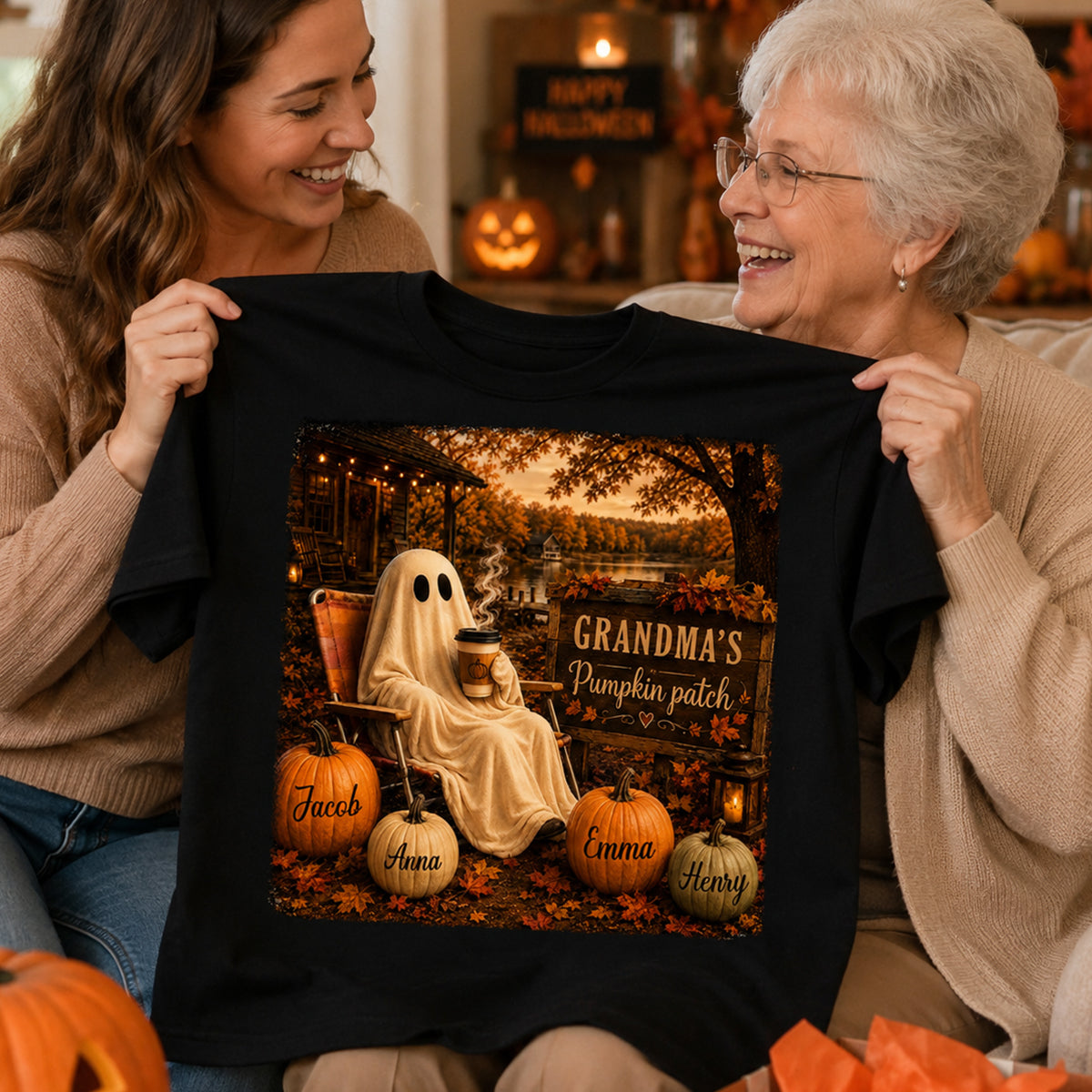 Grandma's Pumpkin Patch Ghost Fall Vibe - Personalized Shirt - Cozy Fall Gift for Grandma