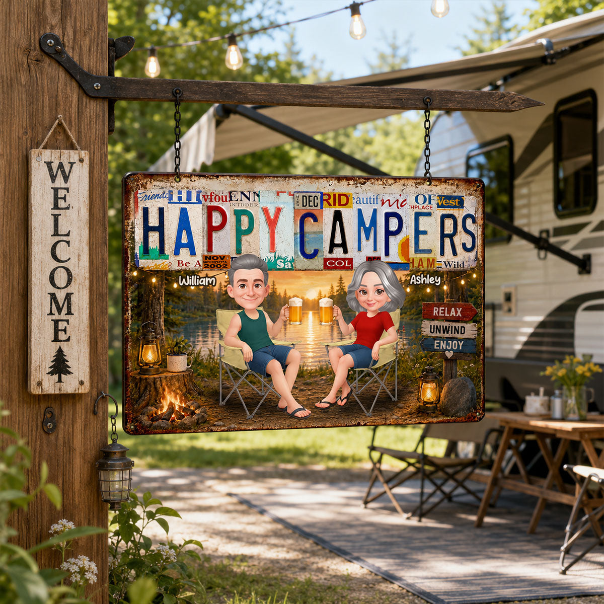 Happy Campers Camping Couple License Plate Style - Personalized Metal Sign - Gift For Campers
