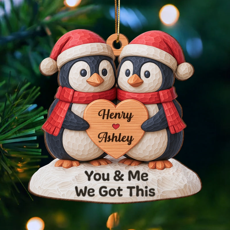 Christmas Penguin Couple - Personalized Wooden Ornament - Christmas Gift for Couple
