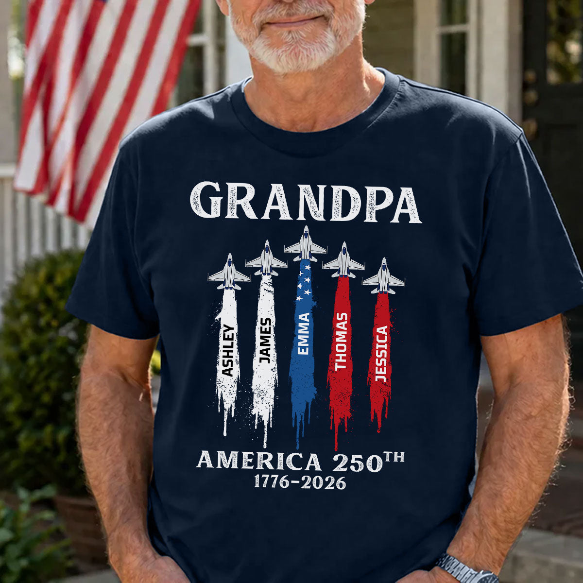 Grandpa Dad Patriotic Jet Fighter Custom Kids Names - Personalized Shirt - Father's Day Gift, America 250th Anniversary, 1776 - 2026