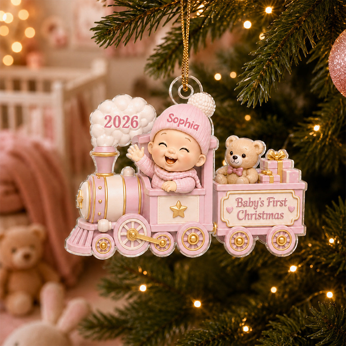 Baby First Christmas On Toy Train 2D Flat - Personalized Acrylic Ornament